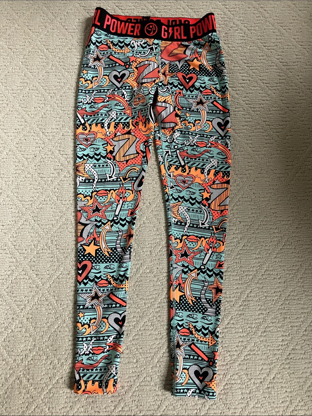Zumba Party Girl Power waistband bright graphic ankle leggings EUC M